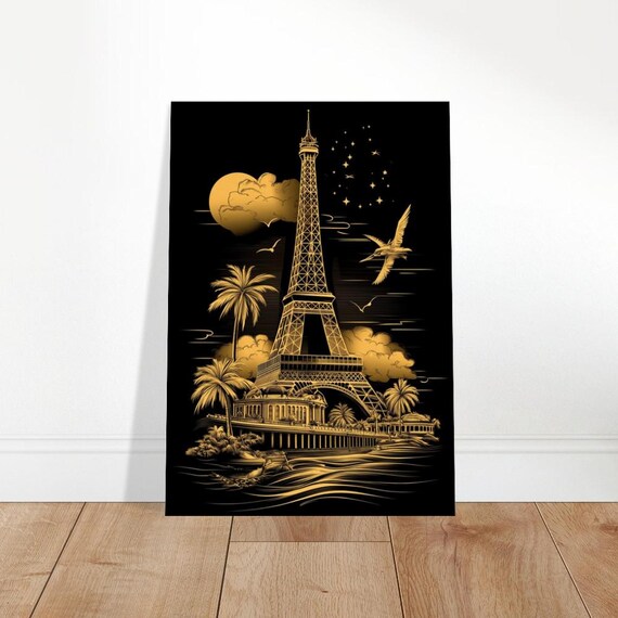 Golden Paris Skyline Canvas Art Noir Elegance Wall Decor Moonlit Eiffel Tower Print Luxury Home