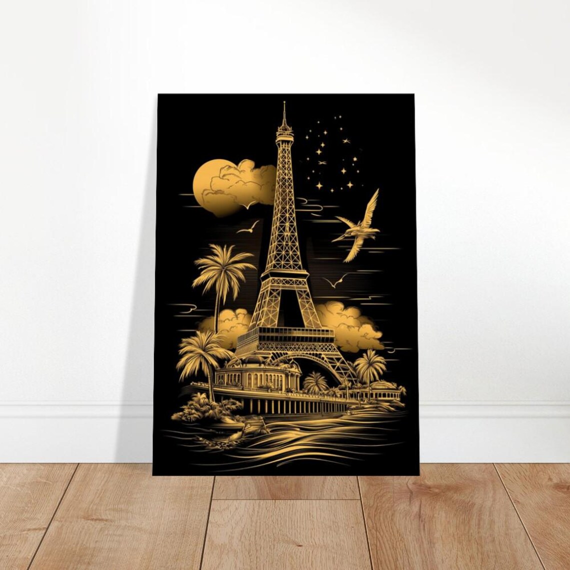 Golden Paris Skyline Canvas Art Noir Elegance Wall Decor Moonlit Eiffel Tower Print Luxury Home