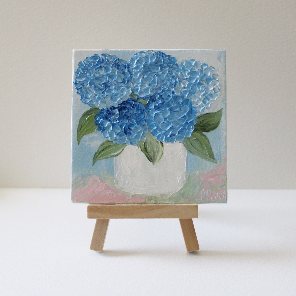 Blue Hydrangea Bouquet in White Pot Impasto Floral Art Poster - Image 2