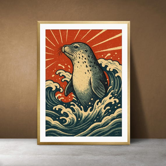 Japanese Wave Art Print Seal Rising Sun Coastal Ukiyoe
