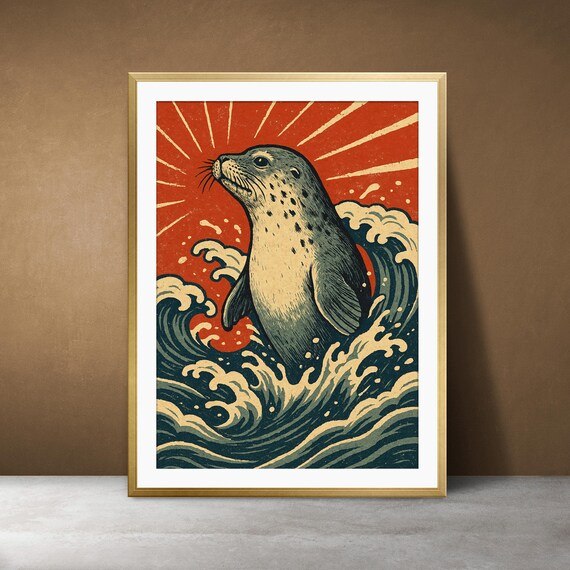 Japanese Wave Seal Rising Sun Ukiyoe Coastal Woodblock Style Poster