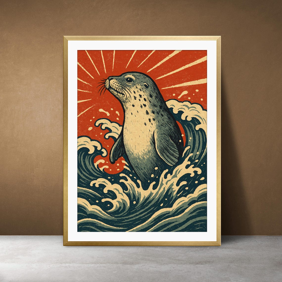 Japanese Wave Art Print Seal Rising Sun Coastal Ukiyoe