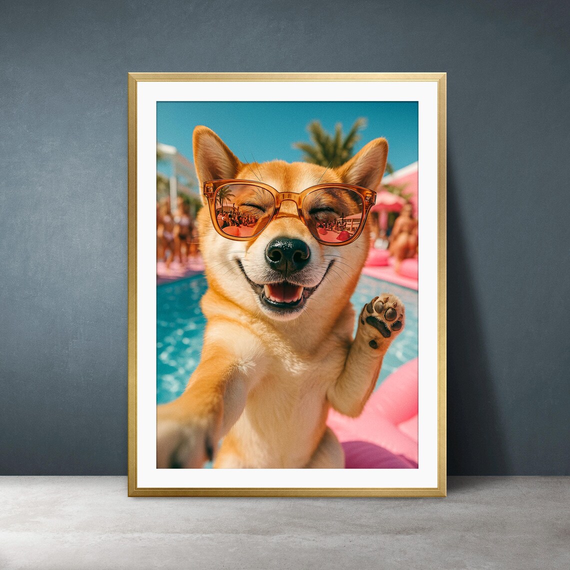 Shiba Inu Dog Selfie with Sunglasses at Pool Party Art Poster