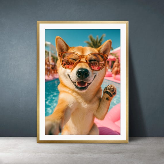 Shiba Inu Pool Party Print Cute Dog Selfie In Sunglasses Summer Wall Art Kawaii Pet Poster Instant Decor