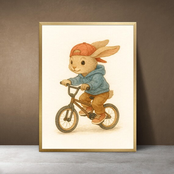 Bunny in Red Cap Riding Bicycle Cool Blue Hoodie Nursery Art Poster