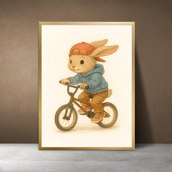Bunny On Bicycle Nursery Art Print Watercolor Rabbit Illustration