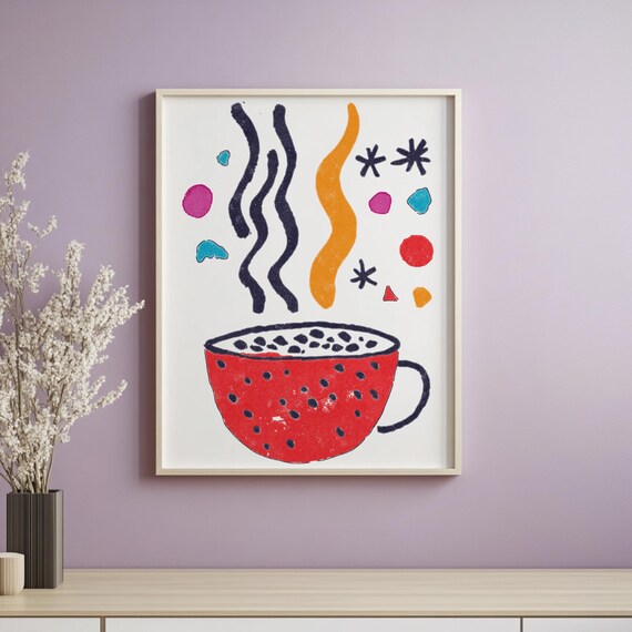 Whimsical Coffee Cup Wall Art Print 4 Sizes Boho Decor