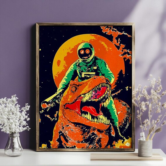 Astronaut Riding Dinosaur Cosmic Adventure Poster for Boys Bedroom Decor
