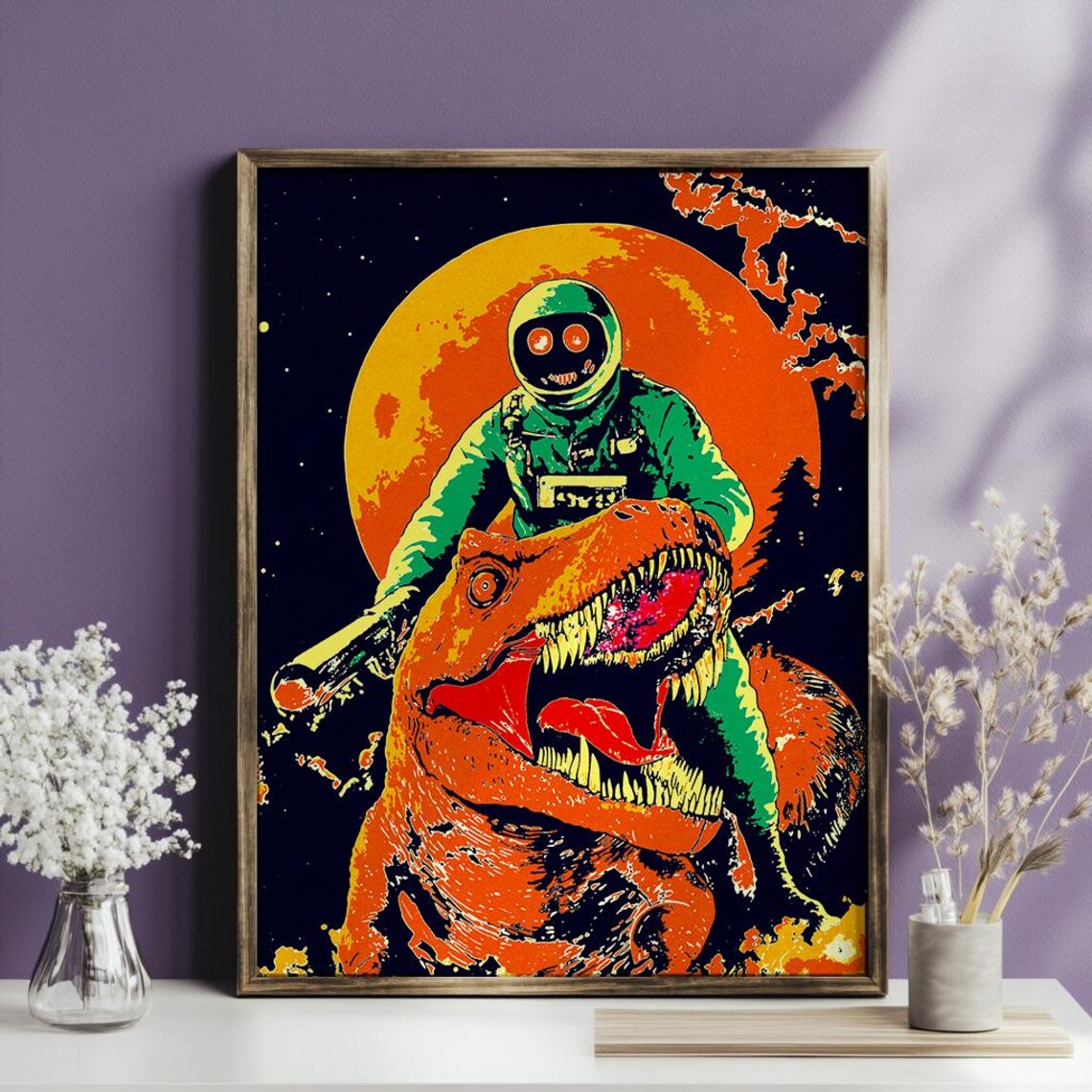 Astronaut Riding Dinosaur Cosmic Adventure Poster for Boys Bedroom Decor