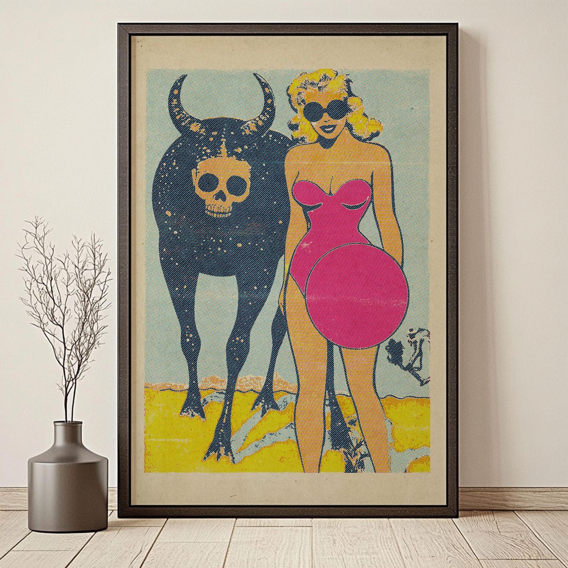 Surreal Pop Art Print Retro Fine Art Cosmic Skull Bull Glamorous Woman Wall Art