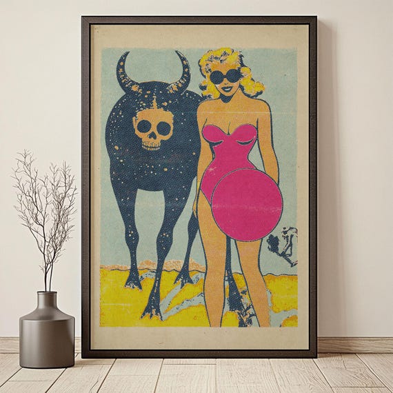 Surreal Pop Art Print Retro Fine Art Cosmic Skull Bull Glamorous Woman Wall Art