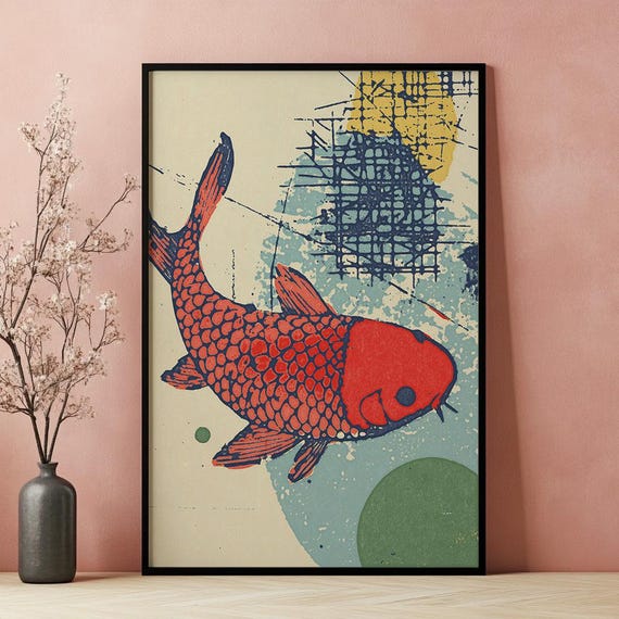 Koi Fish Pop Art Print Japanese Inspired Abstract Wall Art Vintage Style Watercolor Poster Zen Home Decor