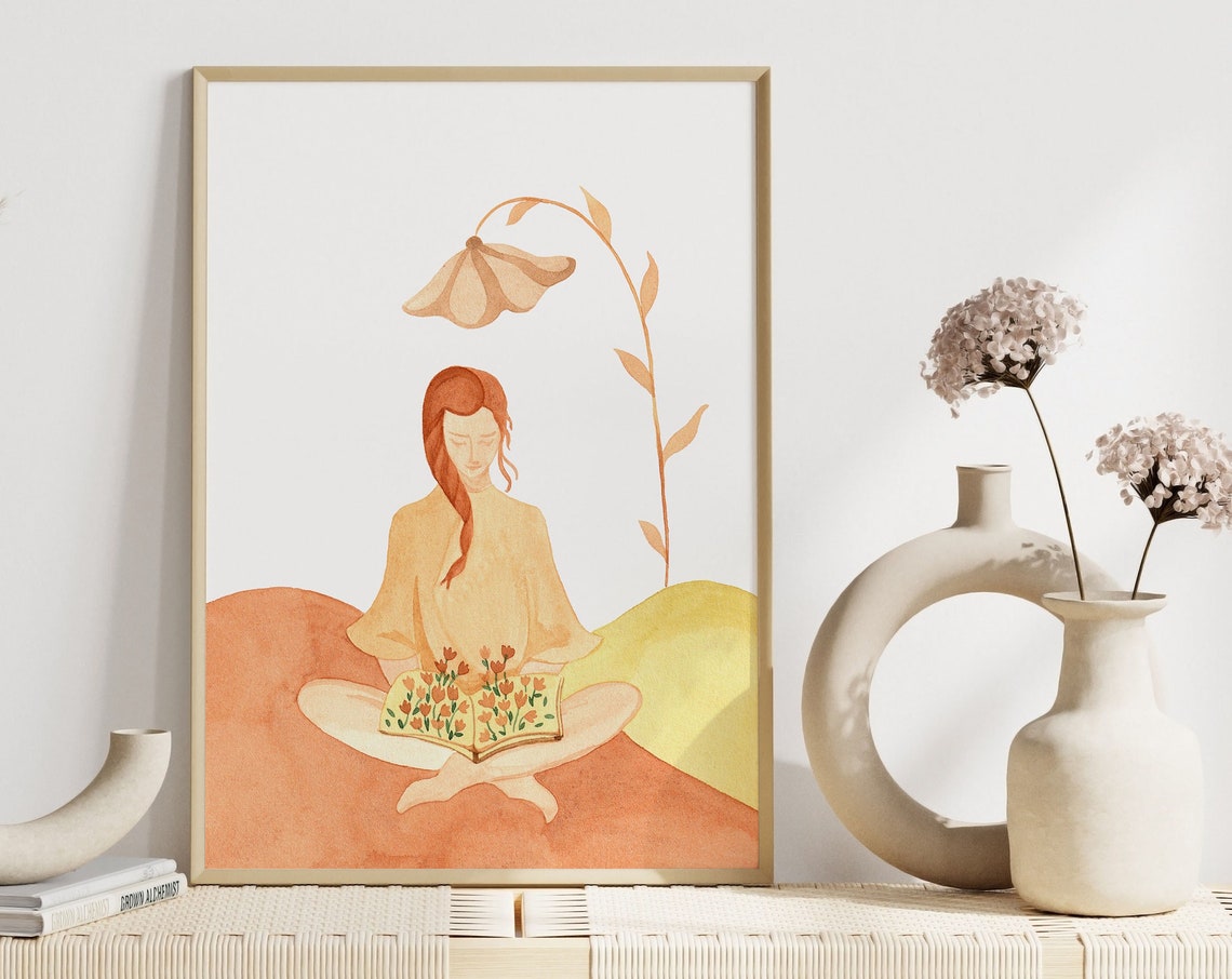 Redhead Girl Reading Watercolor Boho Book Lover Botanical Poster