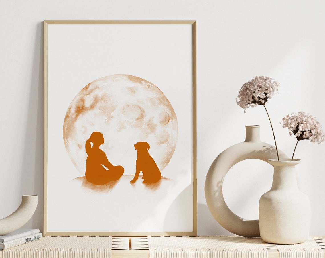 Girl And Dog Silhouette Full Moon Terracotta Watercolor Art Print