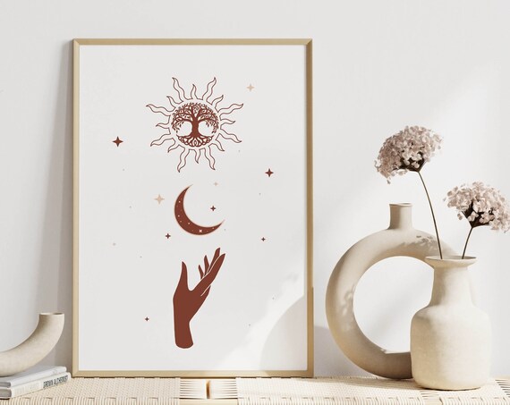 Boho Sun Moon Hand Tree Of Life Terracotta Mystical Spiritual Poster