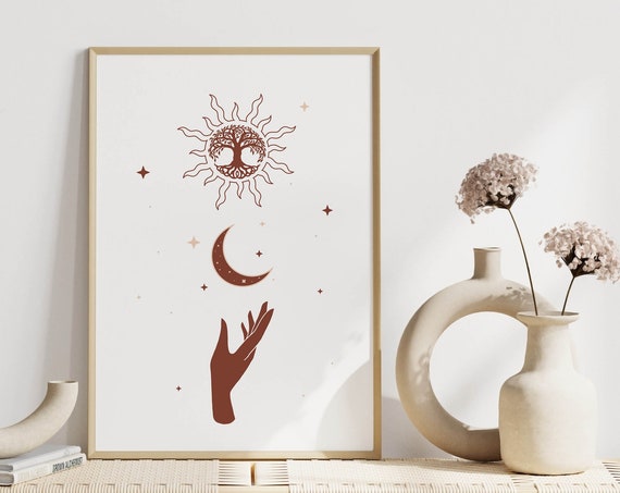 Hands Holding A Moon And Sun Mystical Print Spiritual Poster Boho Universe Art Magic Celestial Decor Tree Of Life Mandala