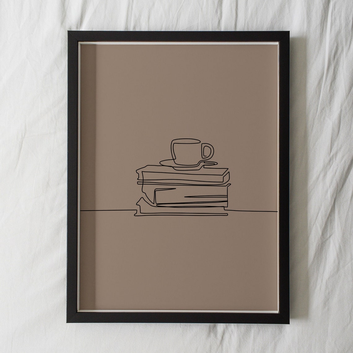 Coffee Cup Resting On Stacked Books Minimalist Fine Line Art Poster