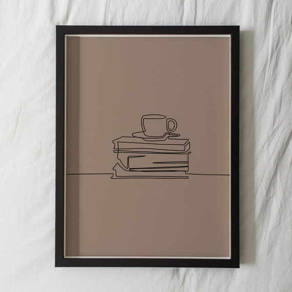 Bookish Books Art Book And Coffee Art Print Coffee Line Art Books Print Bookworm Art Fine Line Art Reading Art Minimal Art