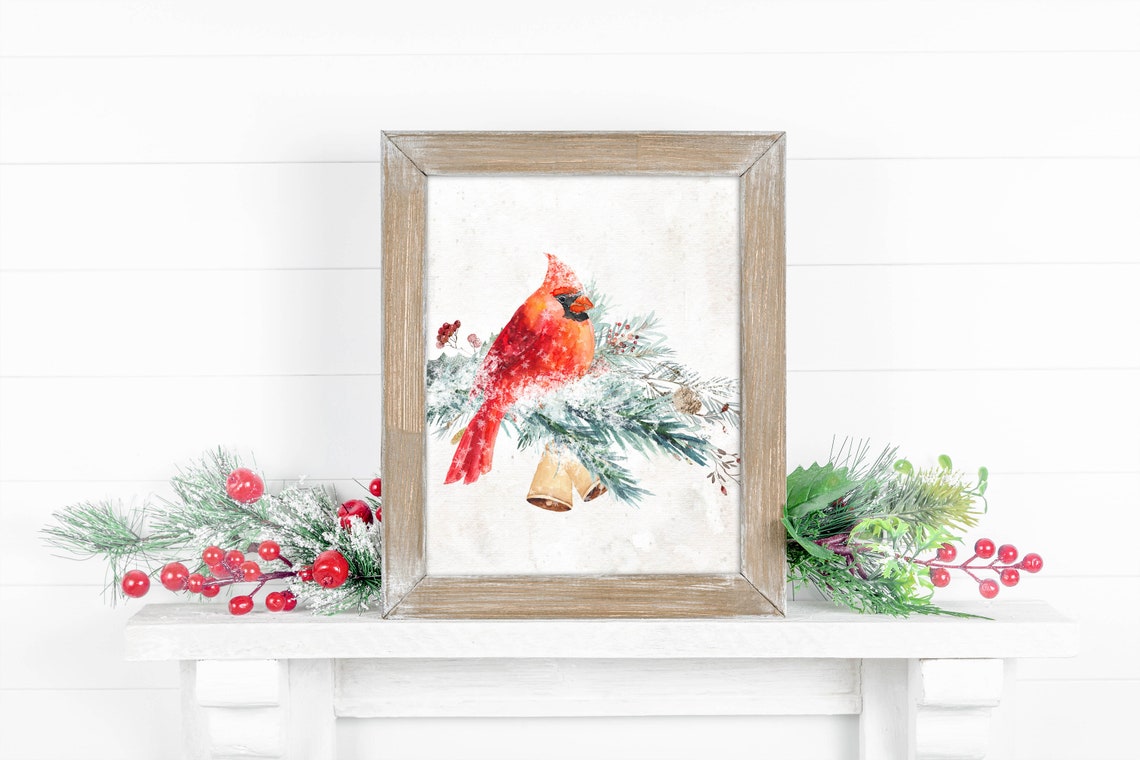 Red Cardinal On Snowy Pine Branch Golden Bells Winter Bird Poster - Image 7