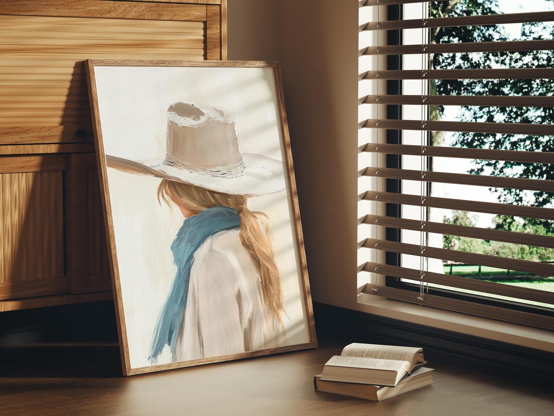 Neutral Cowgirl Portrait with Hat and Blue Scarf Western Art Poster - Image 2