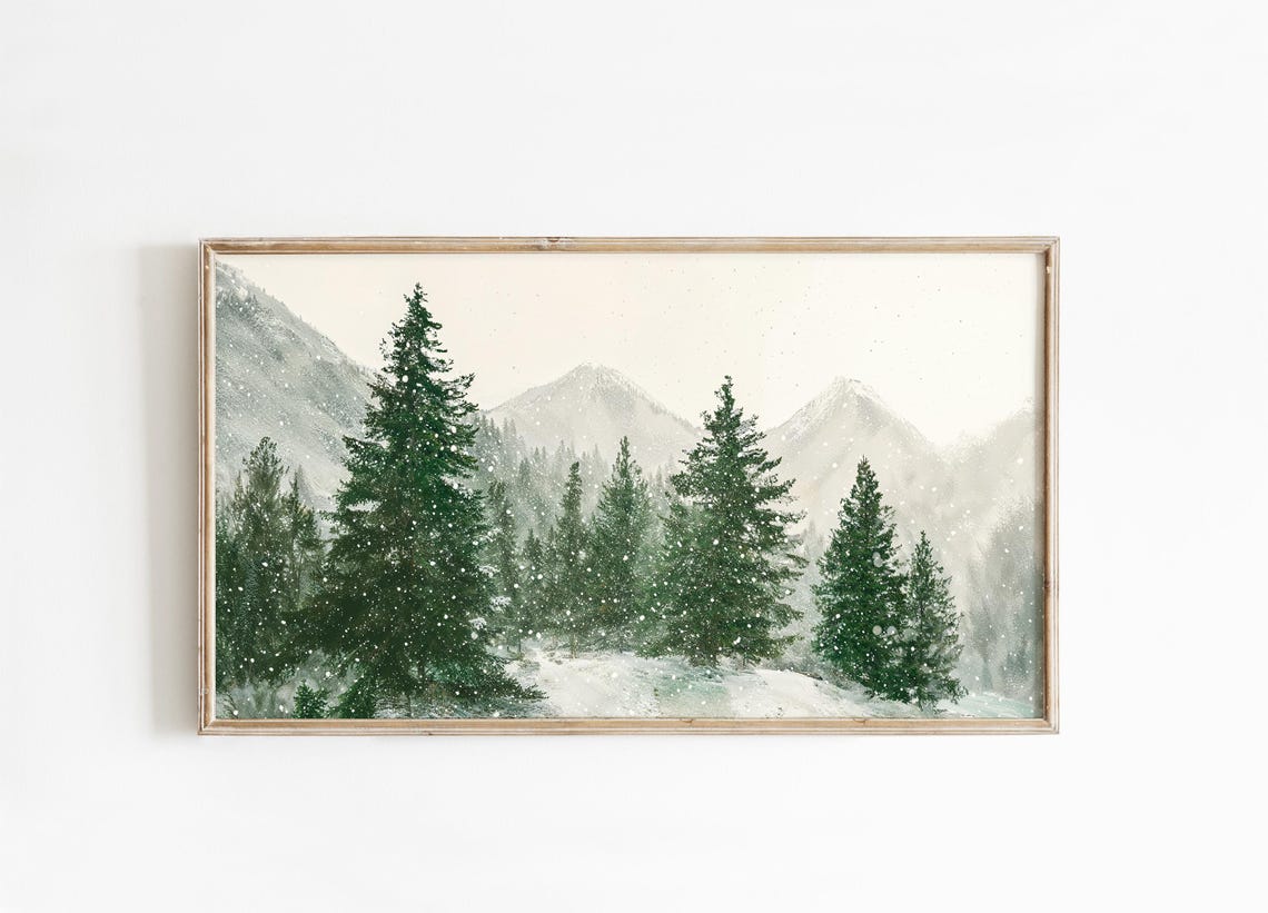 Snowy Winter Evergreen Pine Forest Mountain Landscape Art Poster - Image 3