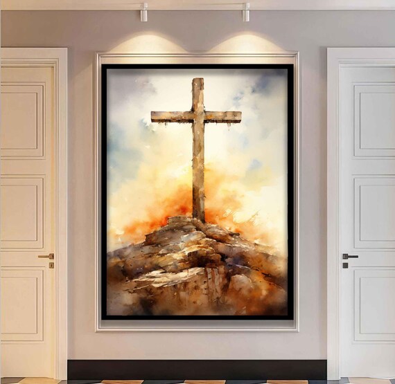 Wooden Cross on Rocky Hill Golden Sunset Watercolor Christian Poster