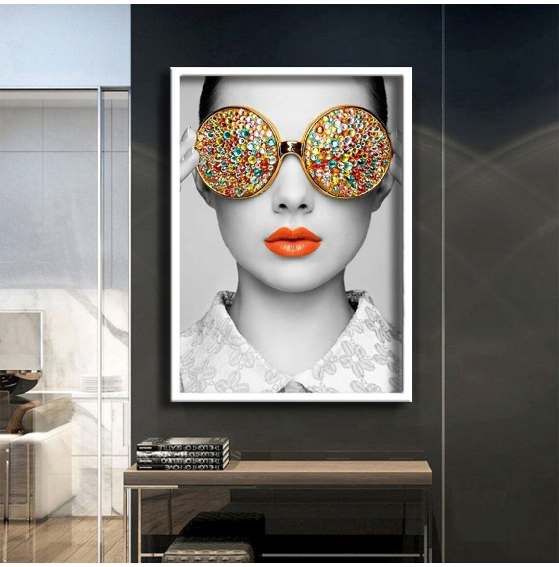 Woman Glitter Sunglasses Orange Lips Black White Fashion Wall Poster - Image 2