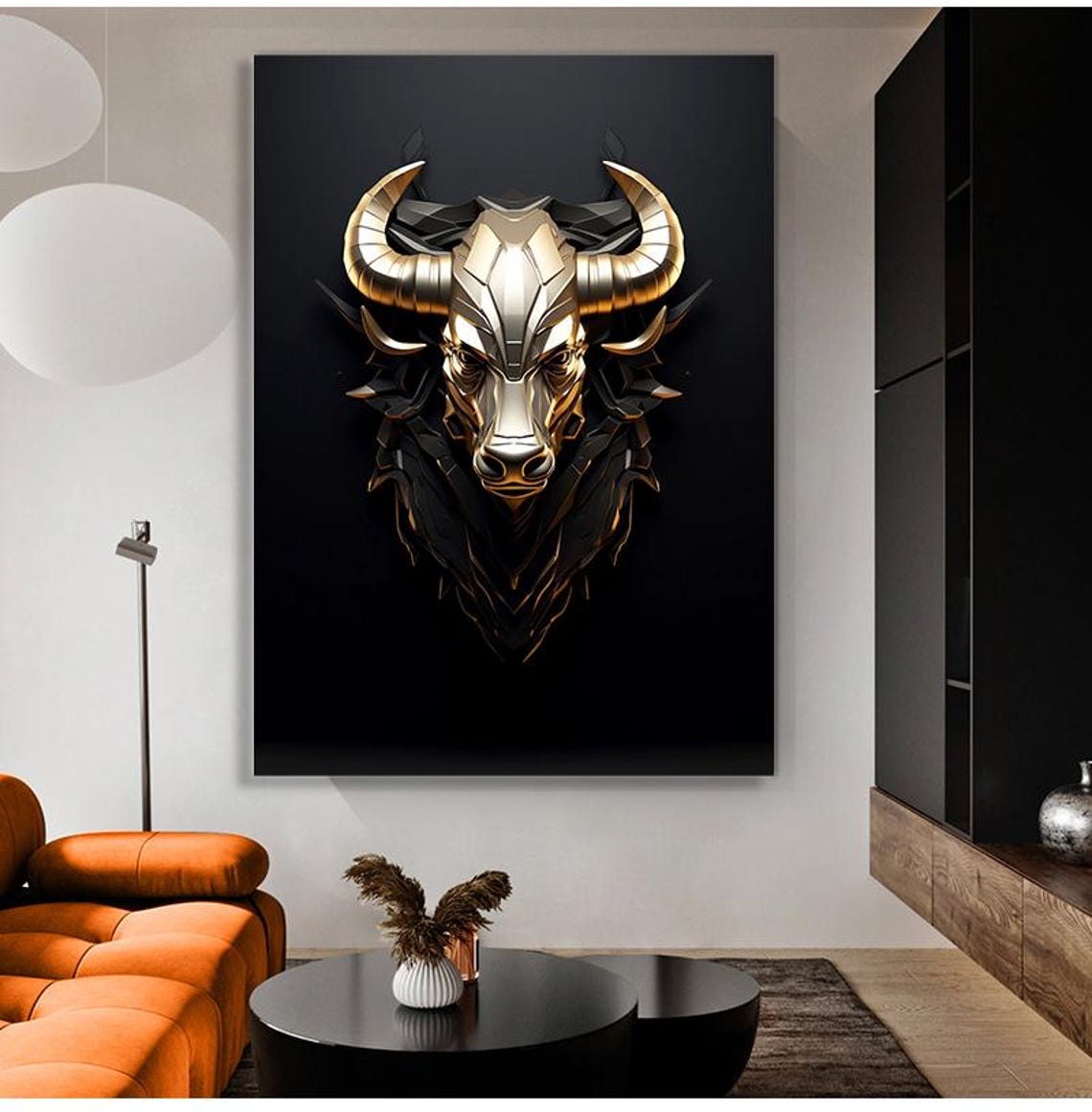 Angry 3D Golden Bull Head Geometric Black Gold Modern Wall Poster - Image 3