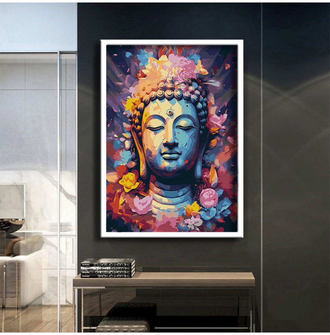Colorful Buddha Face Floral Painting Vibrant Meditation Zen Decor Poster - Image 2