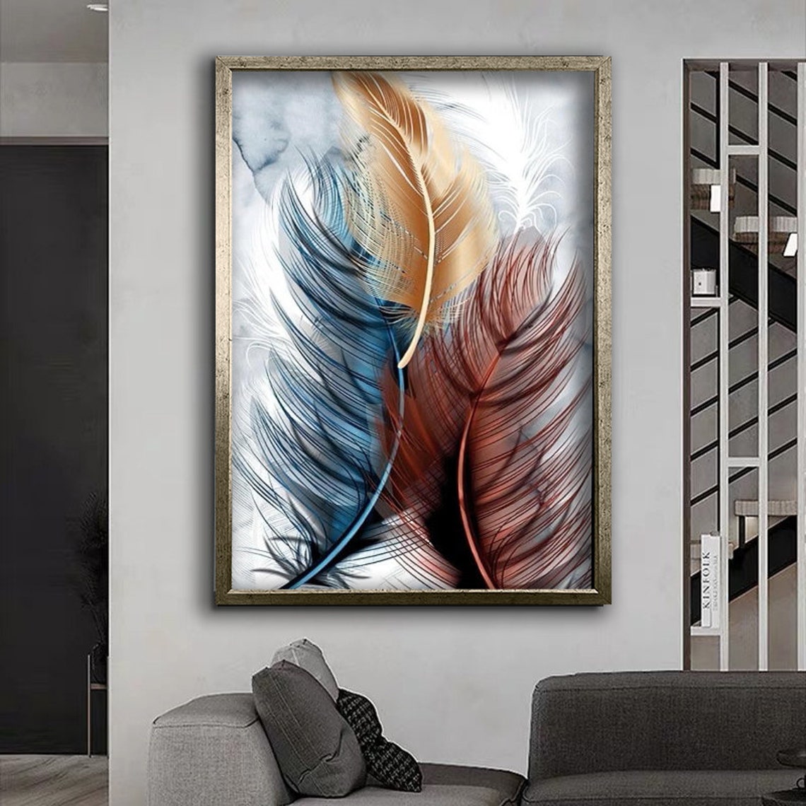 Colorful Feathers Blue Gold Rust Elegant Botanical Modern Art Poster - Image 4