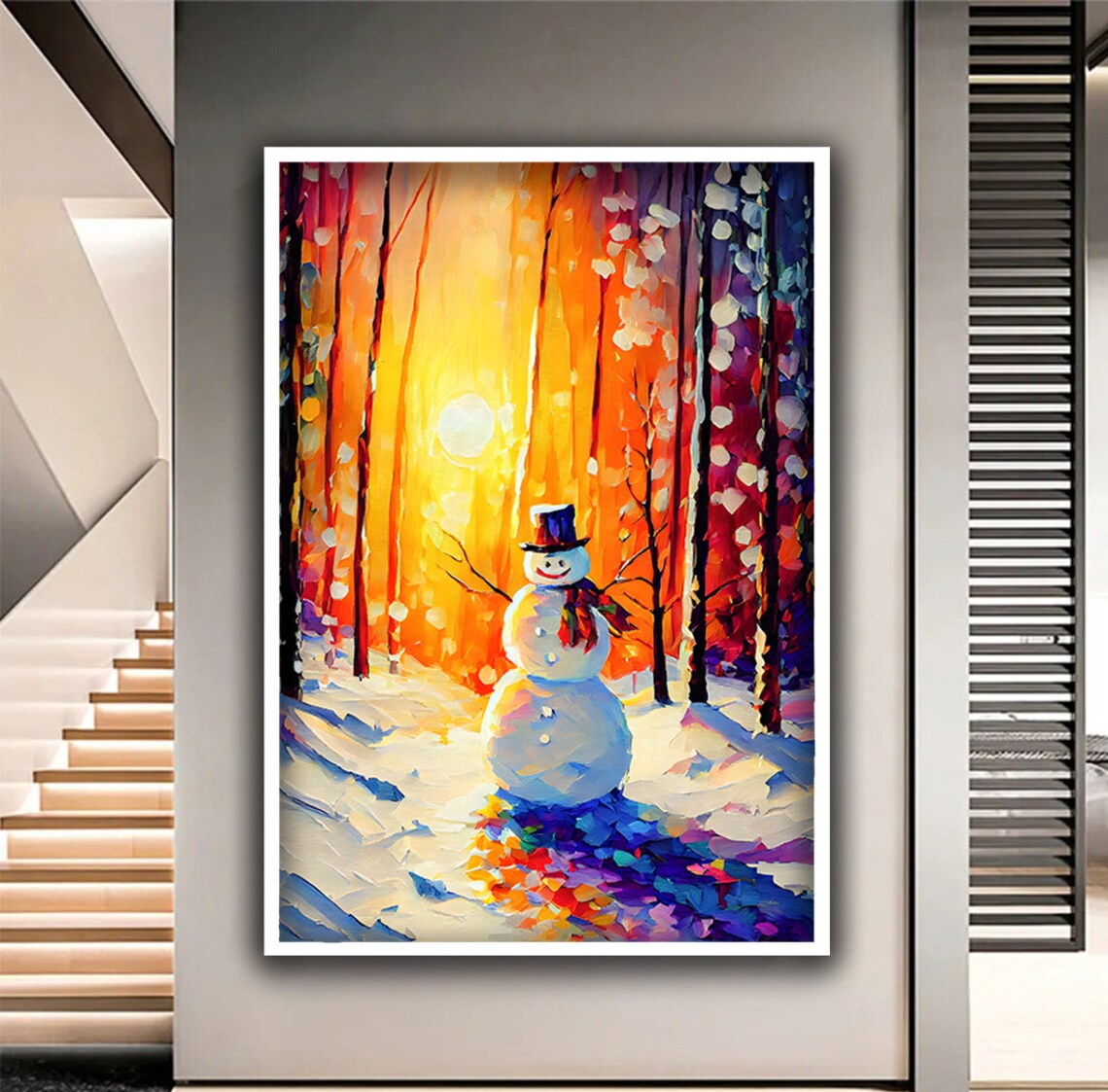 Cheerful Snowman In Snowy Forest Golden Sunset Winter Painting Poster - Image 3