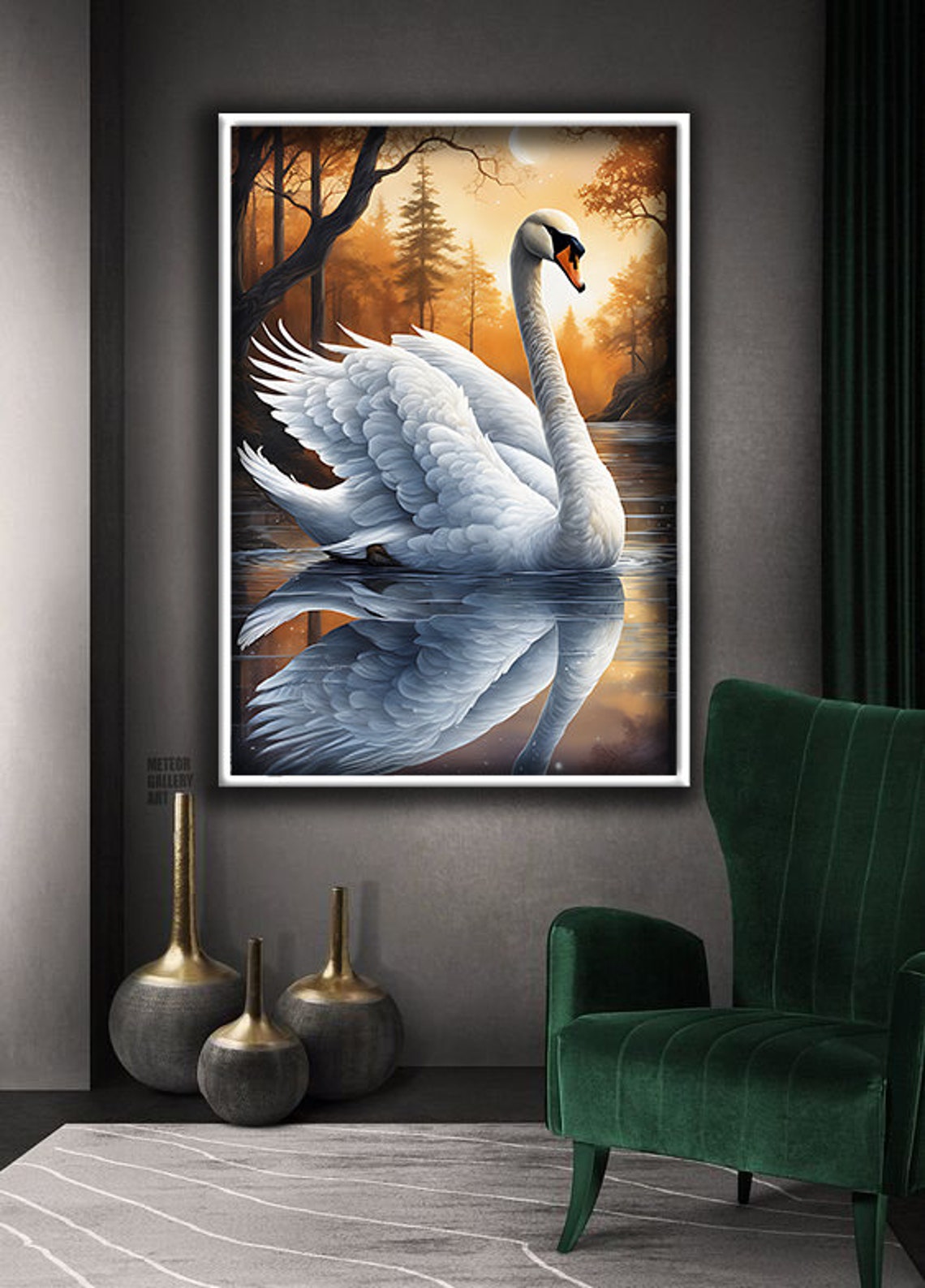 Graceful White Swan On Sunset Lake Mirror Reflection Elegant Poster - Image 2