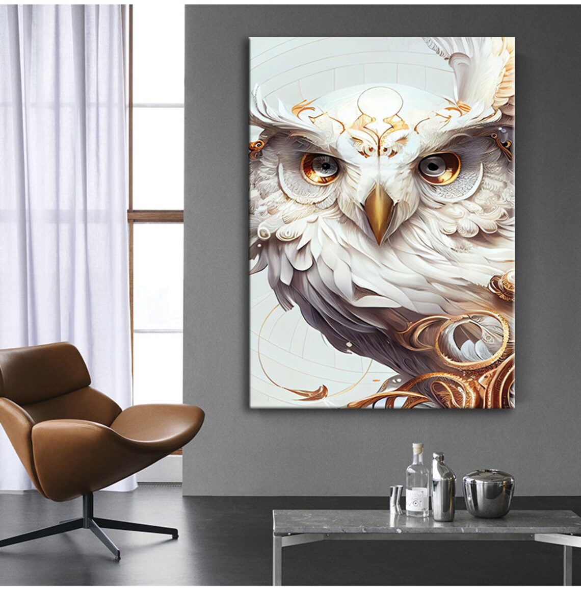 White Owl Golden Detail Majestic Close Up Bird Wall Art Poster - Image 4