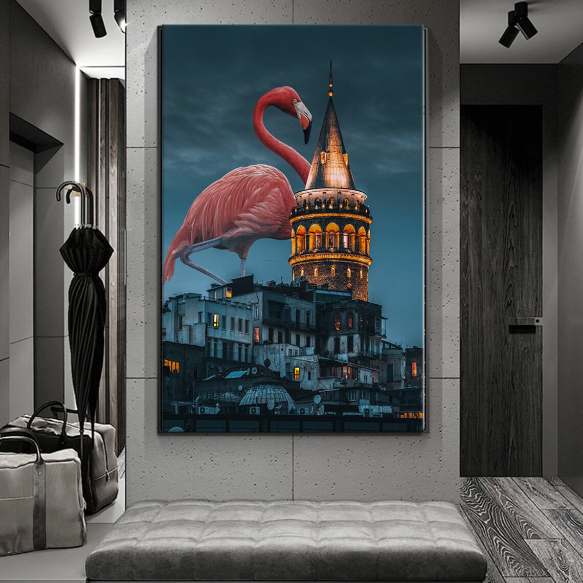 Istanbul Galata Tower Night Lights Pink Flamingo Surreal Travel Poster - Image 3