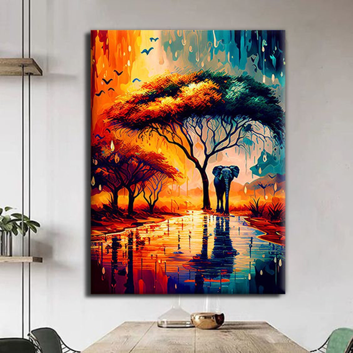 African Elephant Sunset Savanna Acacia Trees Colorful Art Print - Image 3