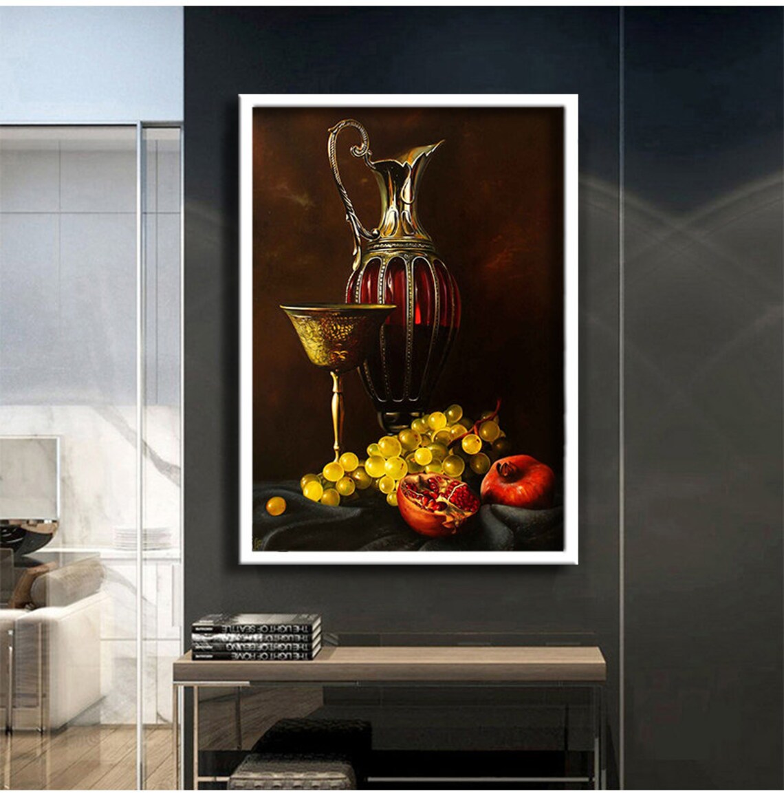 Classic Still Life Golden Pitcher Goblet Grapes Oil Style Poster - Image 3