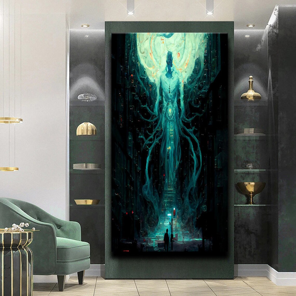Giant Teal Ghost Spirit Over City Street Sci Fi Surreal Art Print - Image 2