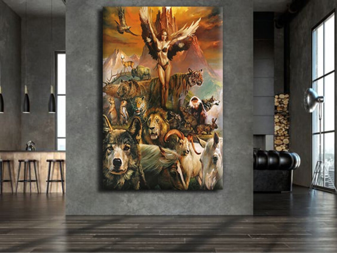 Winged Nature Woman Wild Animals Volcano Fantasy Painting Art Print - Image 3