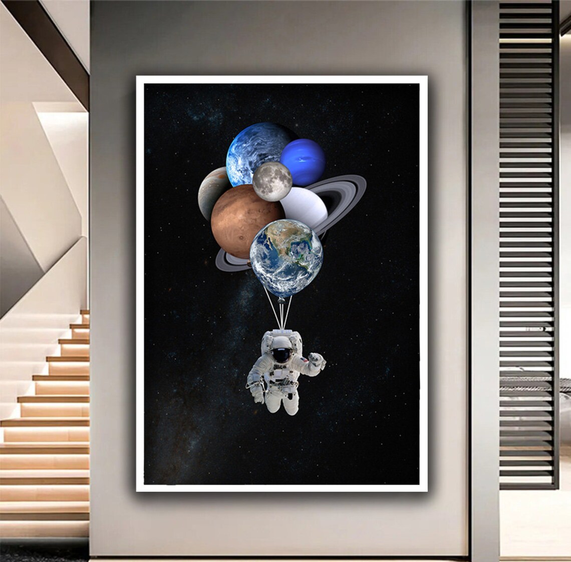 Astronaut Holding Planet Balloons Painting Space Fantasy Art Wall Poster - Image 2
