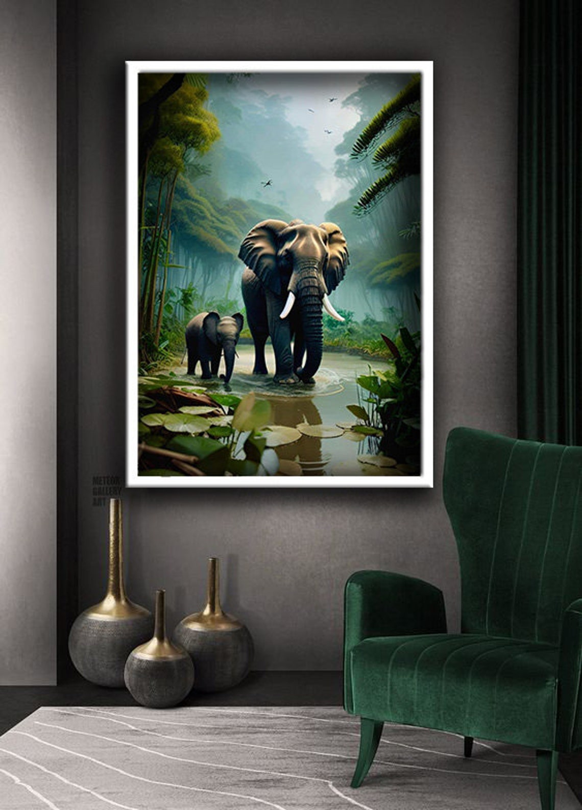 Mother And Baby Elephant In Misty Jungle River Wildlife Art Poster - Image 3