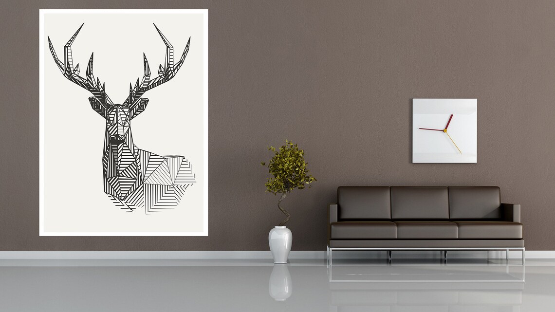 Geometric Stag Head Striped Line Art Minimalist Black White Deer Poster - Image 3