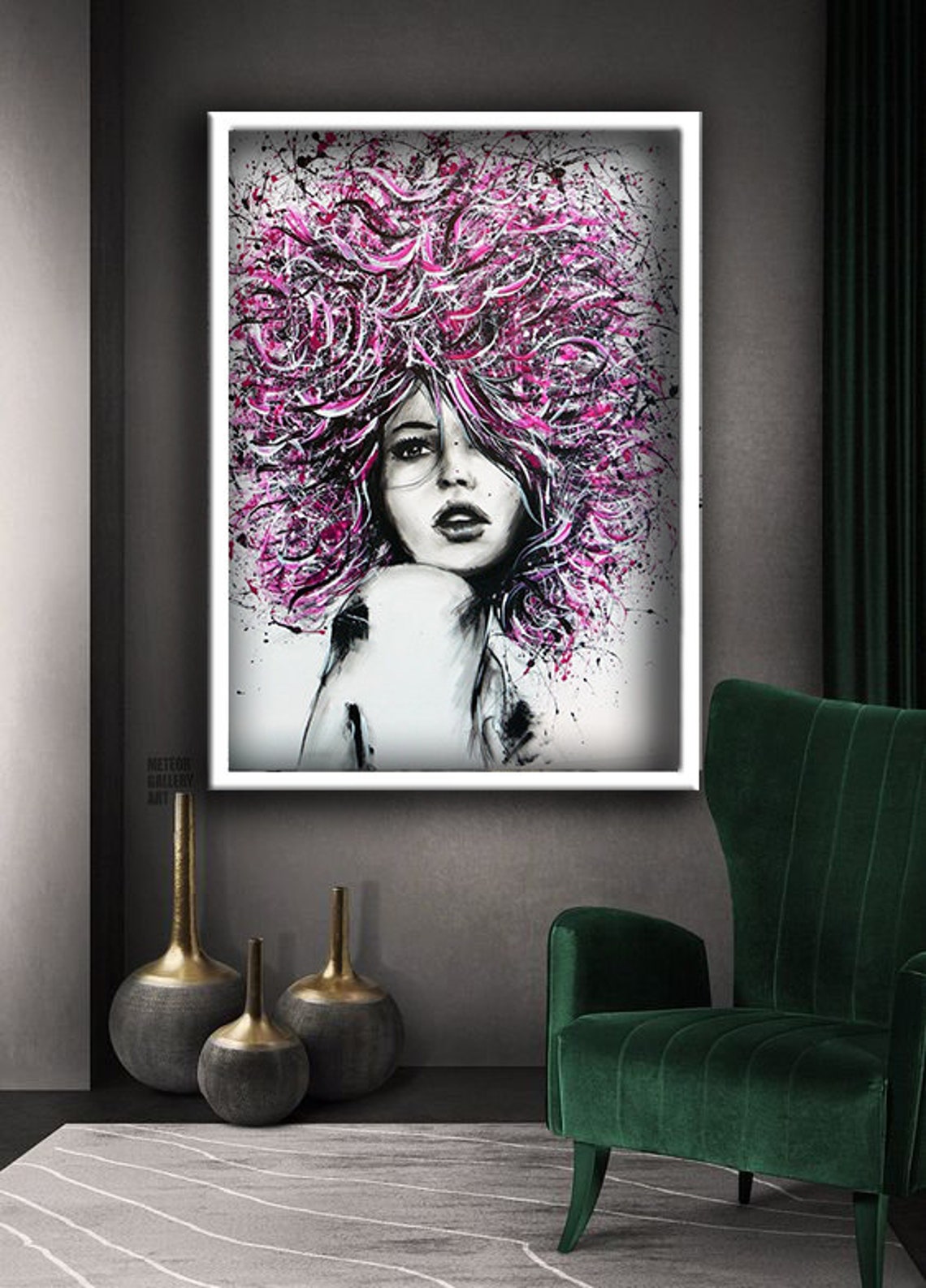 Woman Pink Afro Paint Splash Black White Abstract Portrait Poster - Image 3