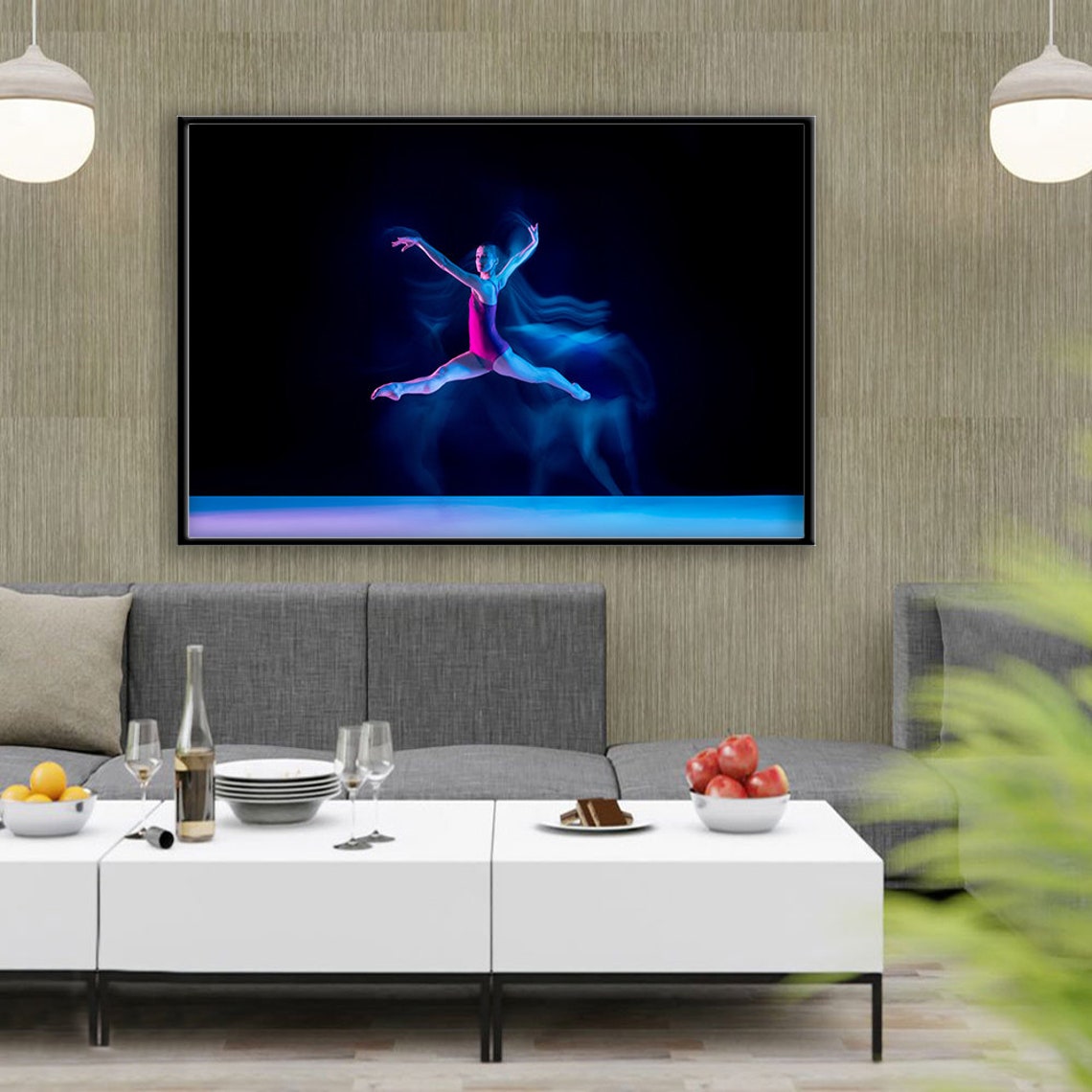 Neon Light Dancer Mid Leap Blue Pink Modern Dance Photography Poster - Image 3
