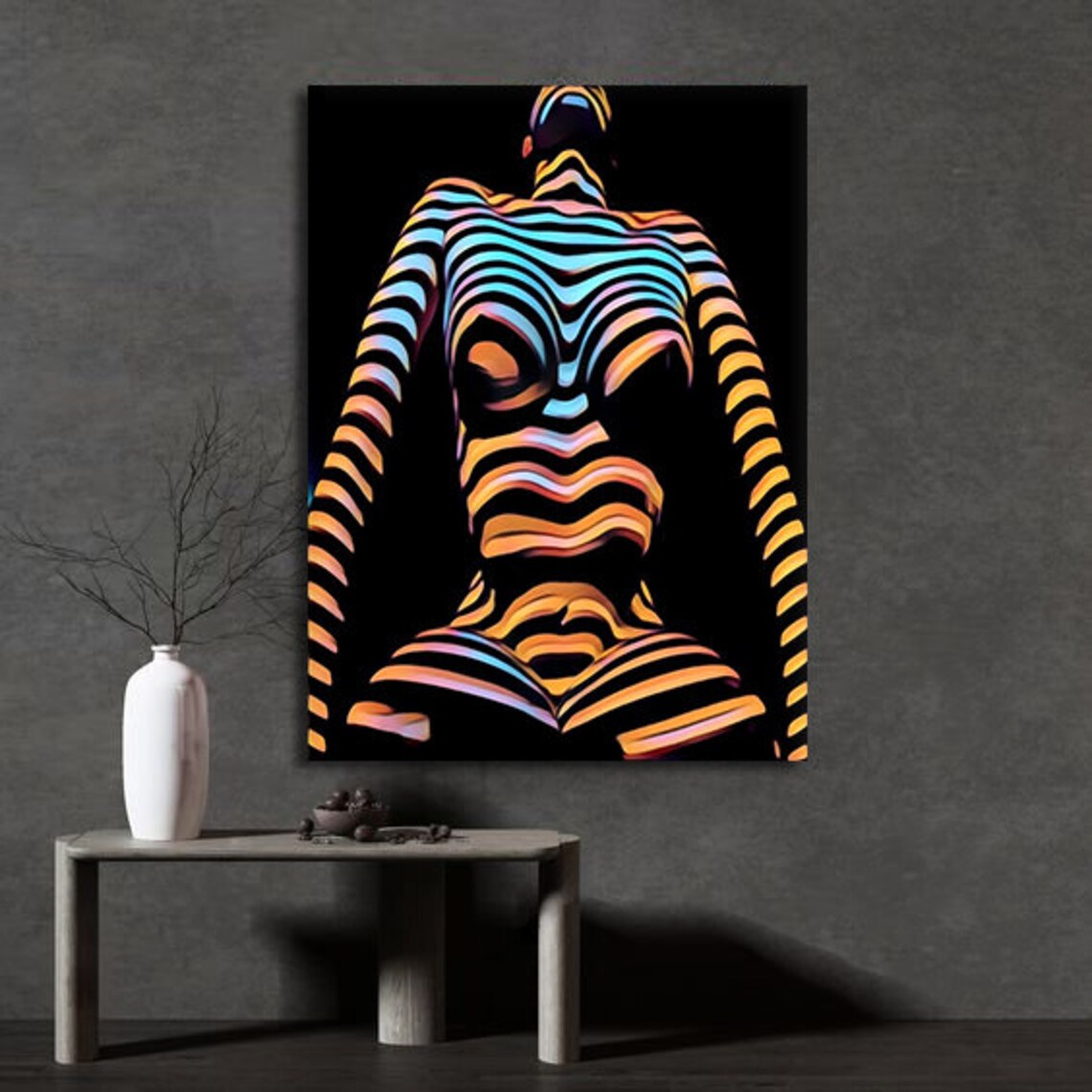 Woman Silhouette Neon Rainbow Stripes Op Art Modern Body Print - Image 3
