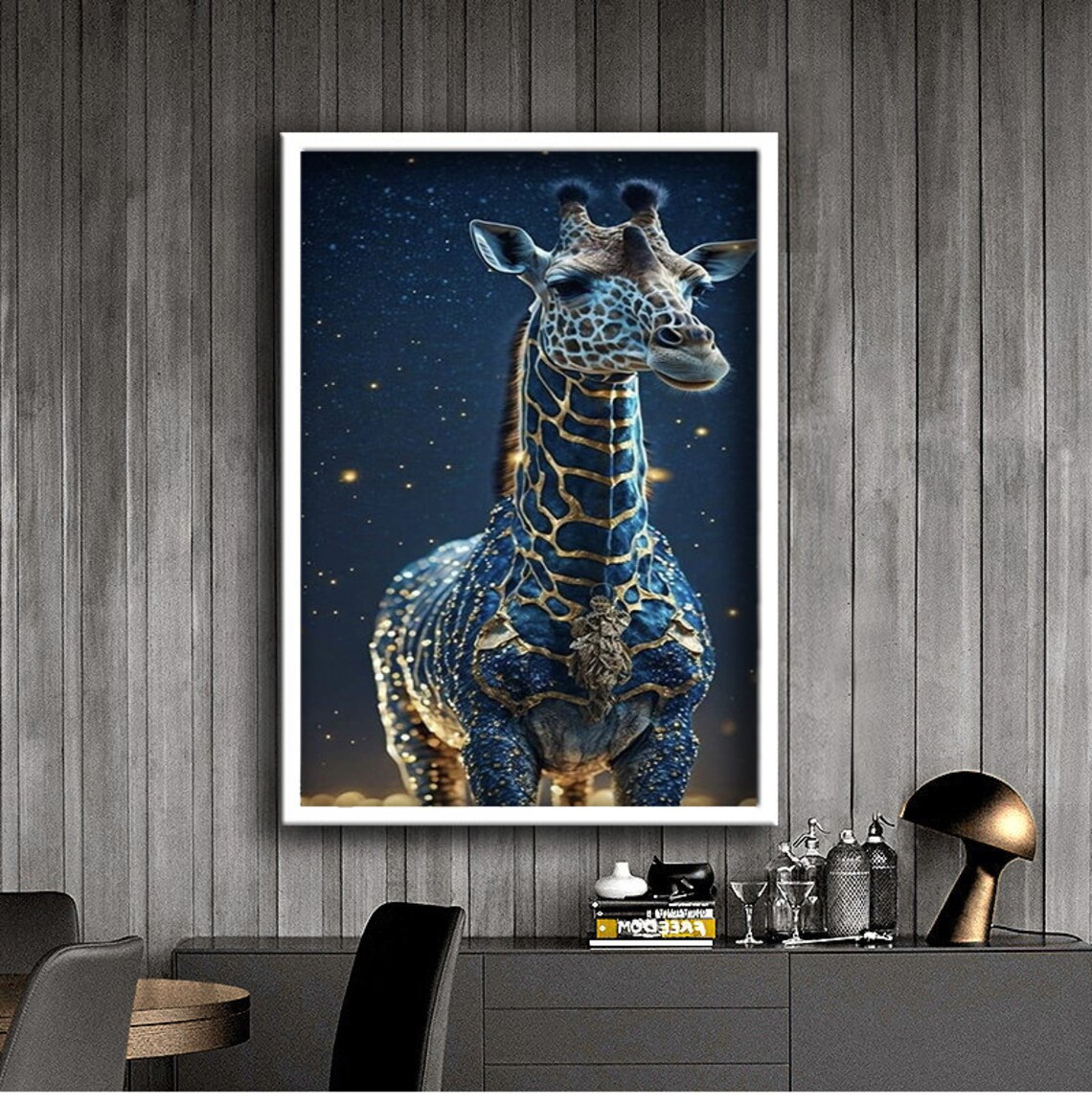 Giraffe Gold Blue Cosmic Starry Night Magical Celestial Animal Wall Poster - Image 3