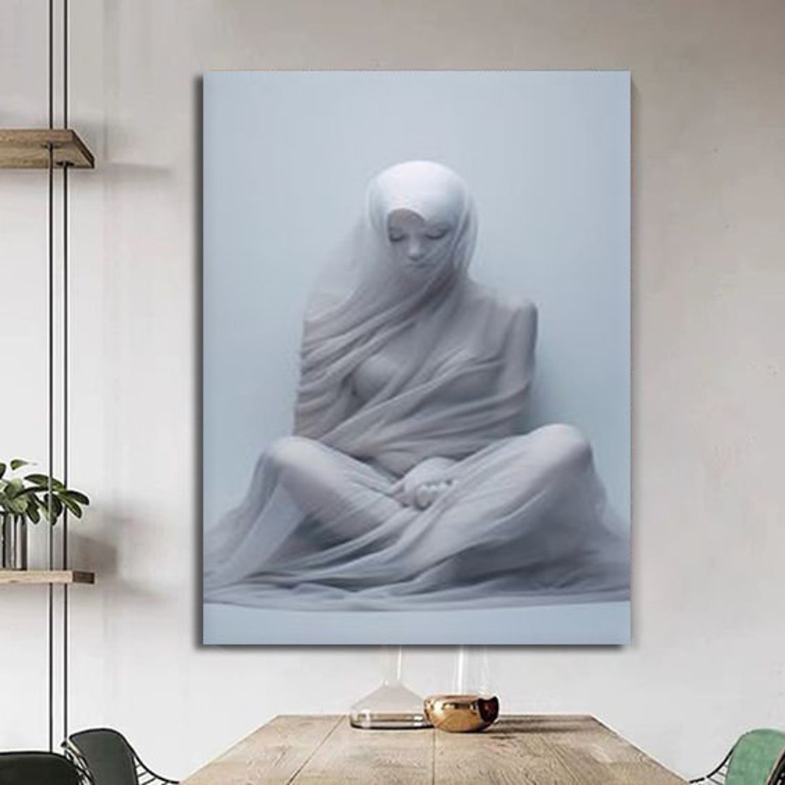 White Veiled Woman Seated Sheer Fabric Minimalist Serene Art Poster - Image 4