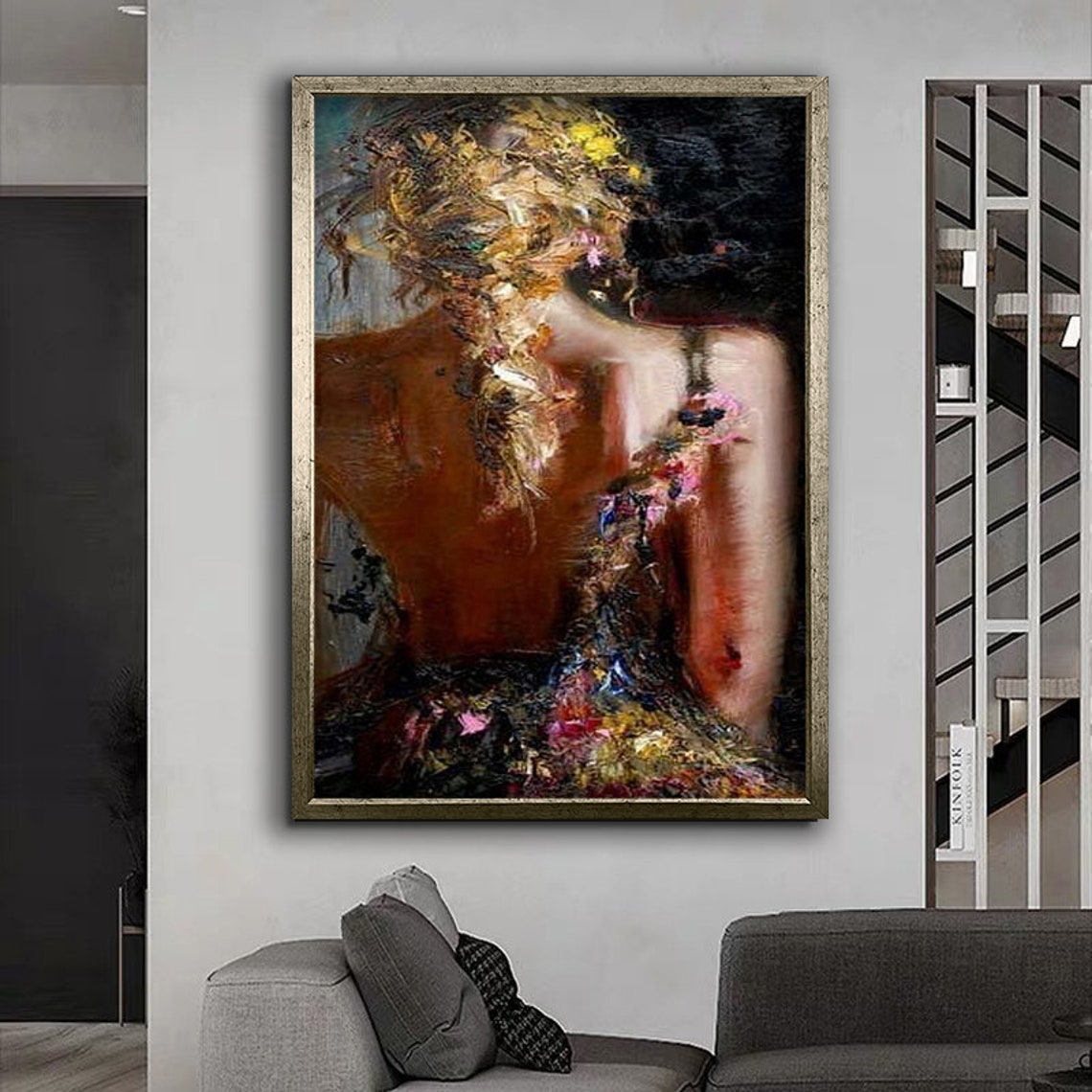 Abstract Oil Woman Back View Thick Impasto Texture Dark Art Poster - Image 4