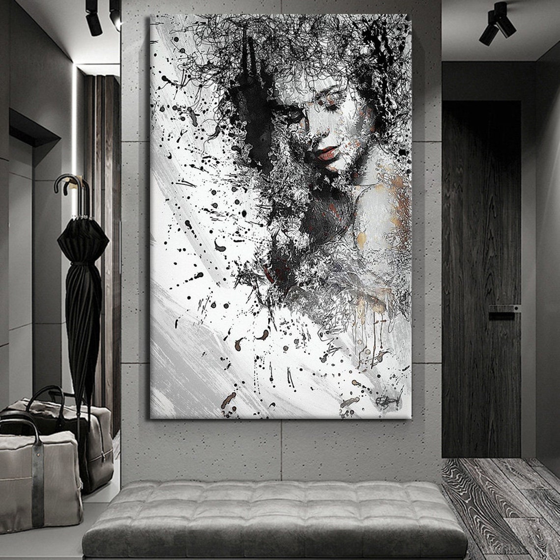 Black White Ink Splatter Woman Portrait Abstract Modern Art Print - Image 3