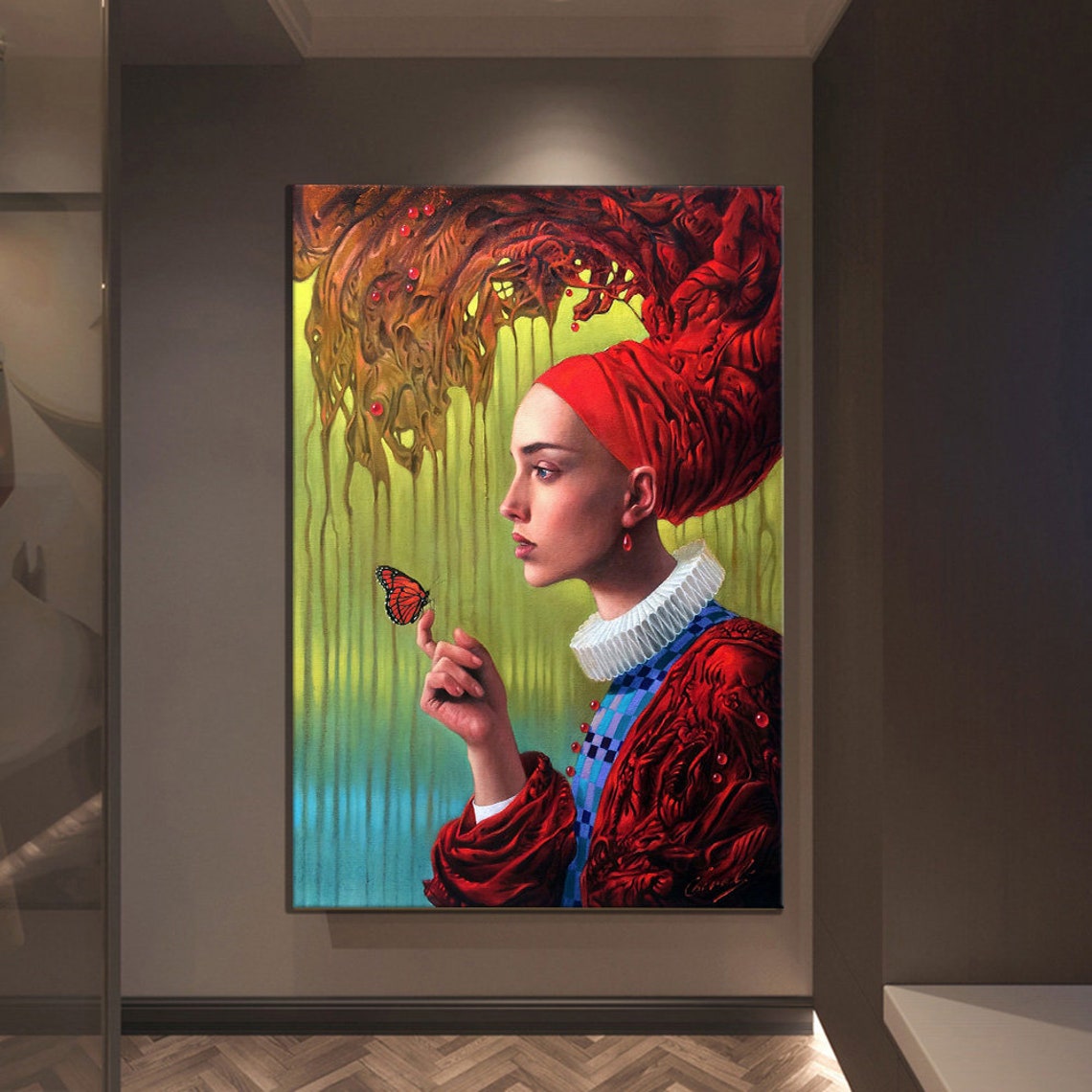 Woman Red Turban Butterfly Surreal Melting Tree Oil Painting Print - Image 3