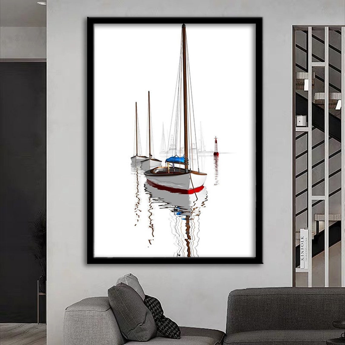 White Sailboats Red Hulls Minimalist Seascape Reflection Art Poster - Image 4